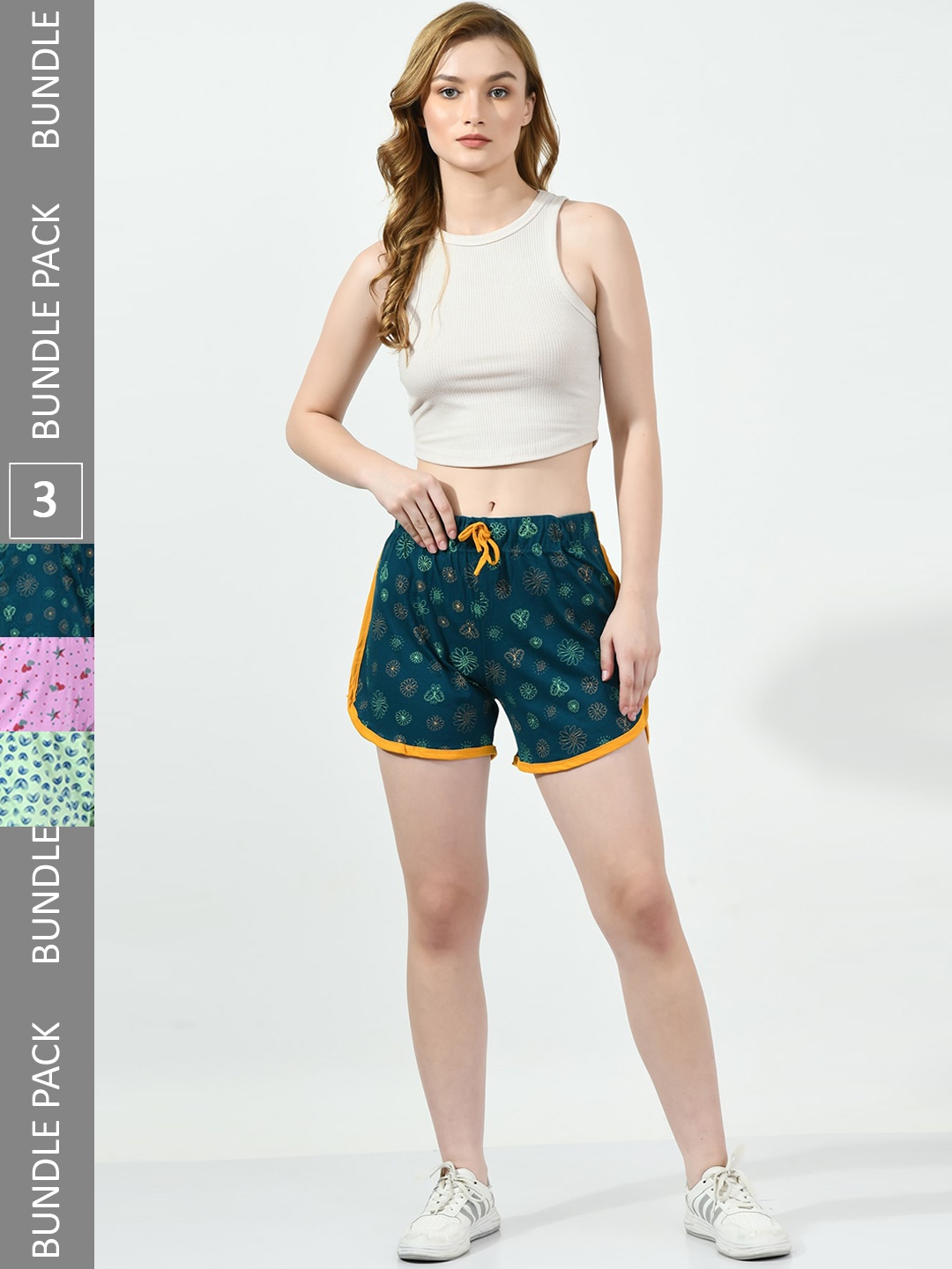 

BAESD Women Pack Of 3 High-Rise Floral Printed Pure Cotton Shorts, Teal
