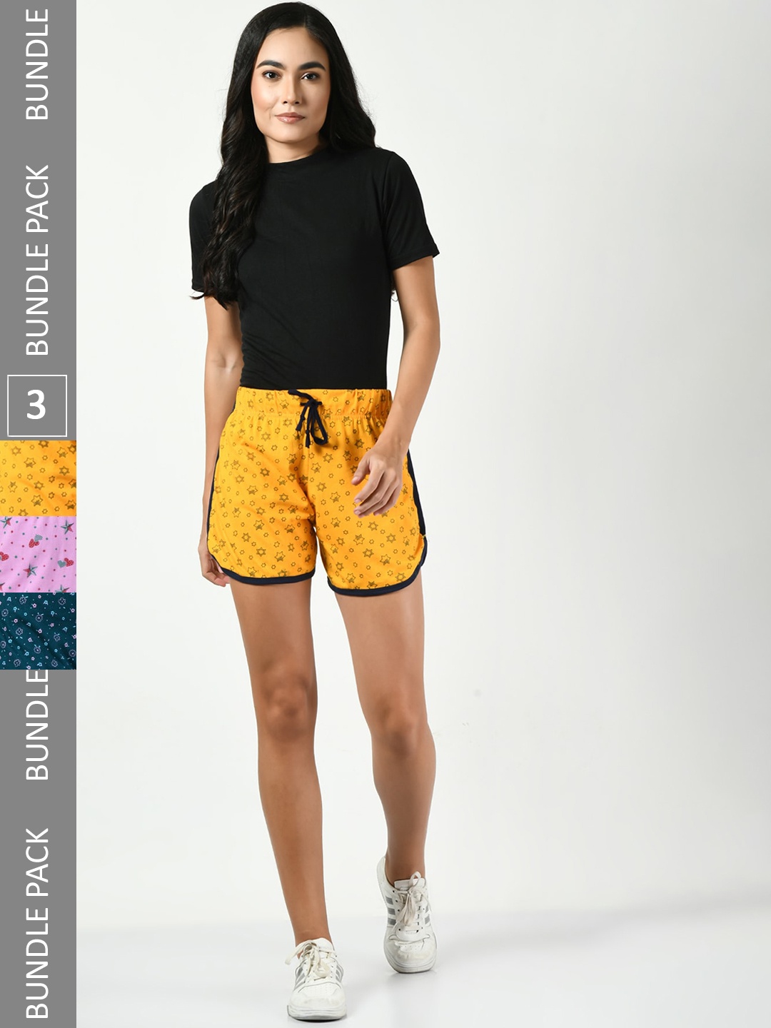 

BAESD Women Pack Of 3 High-Rise Floral Printed Pure Cotton Shorts, Yellow