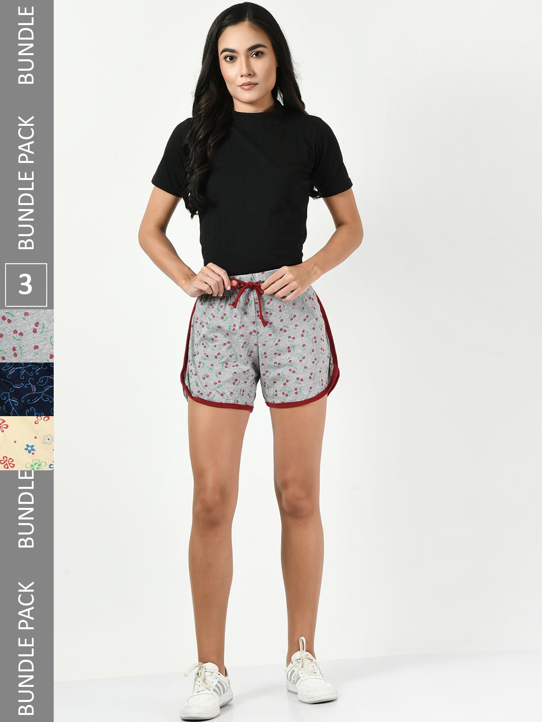 

BAESD Women Pack Of 3 High-Rise Floral Printed Pure Cotton Shorts, Grey