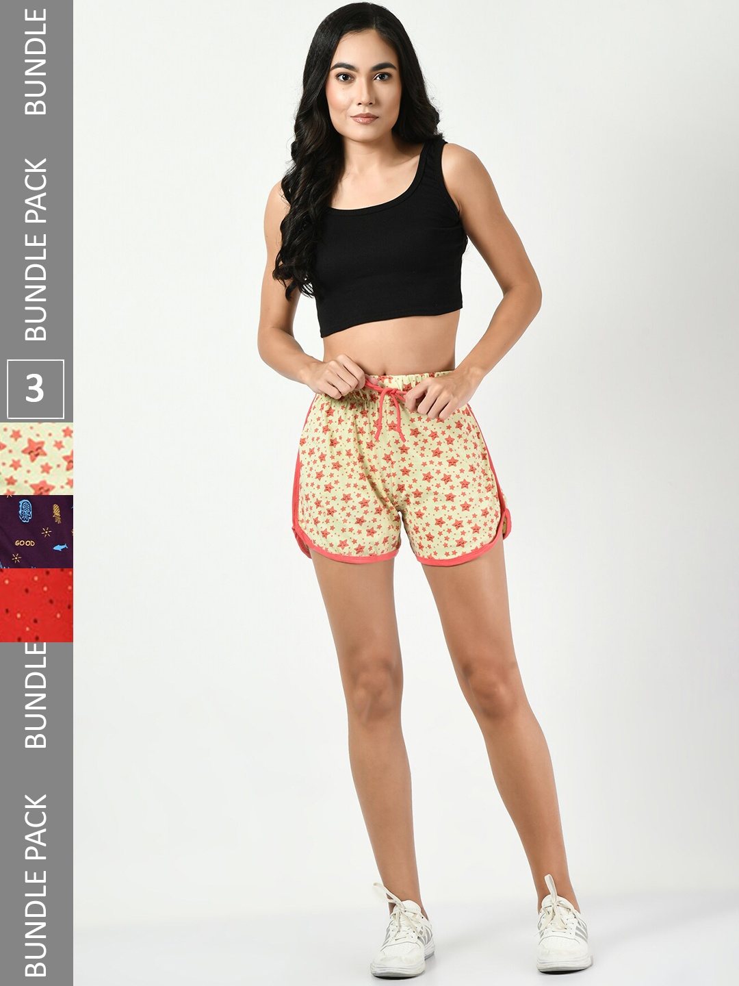 

BAESD Women Pack Of 3 Conversational Printed Mid-Rise Pure Cotton Hot Pants, Cream