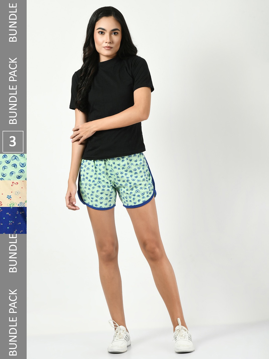 

BAESD Women Pack of 3 Conversational Printed High-Rise Pure Cotton Regular Shorts, Sea green