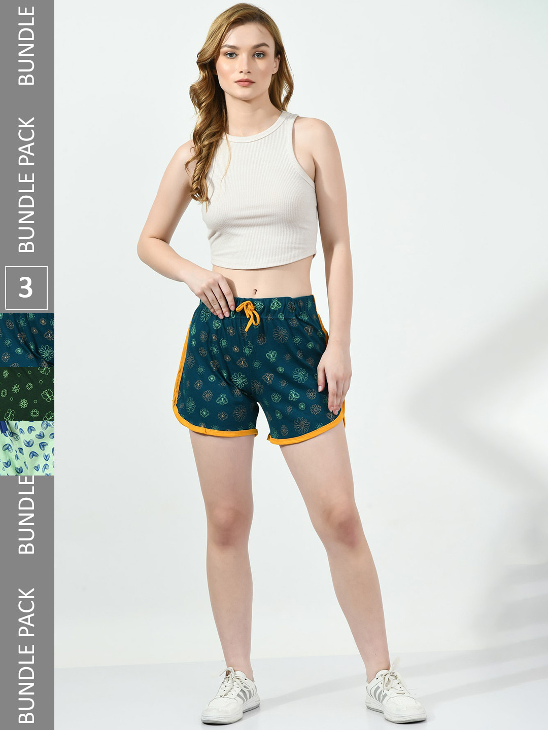 

BAESD Women Pack Of 3 Printed Pure Cotton Shorts, Teal