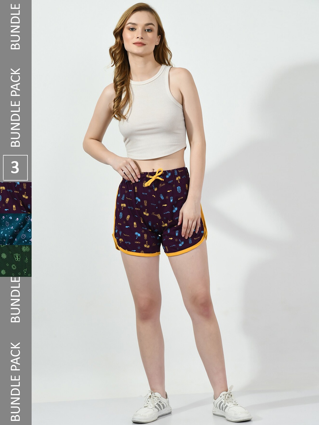 

BAESD Women Pack Of 3 Printed Pure Cotton Shorts, Purple