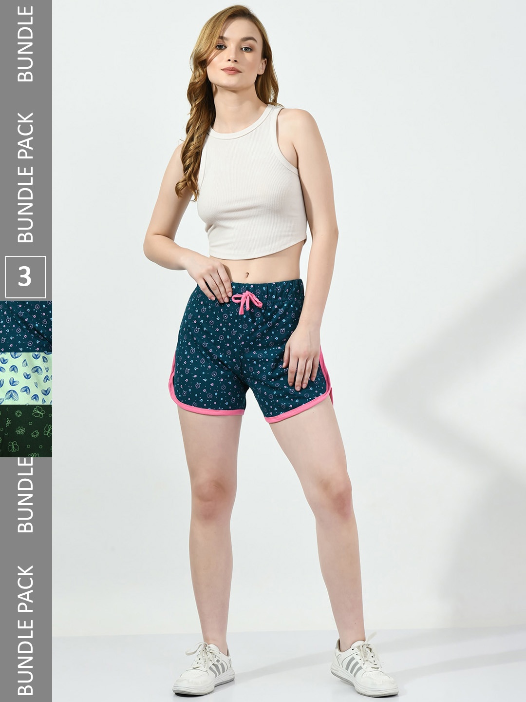 

BAESD Women Pack Of 3 Conversational Printed High-Rise Pure Cotton Shorts, Teal