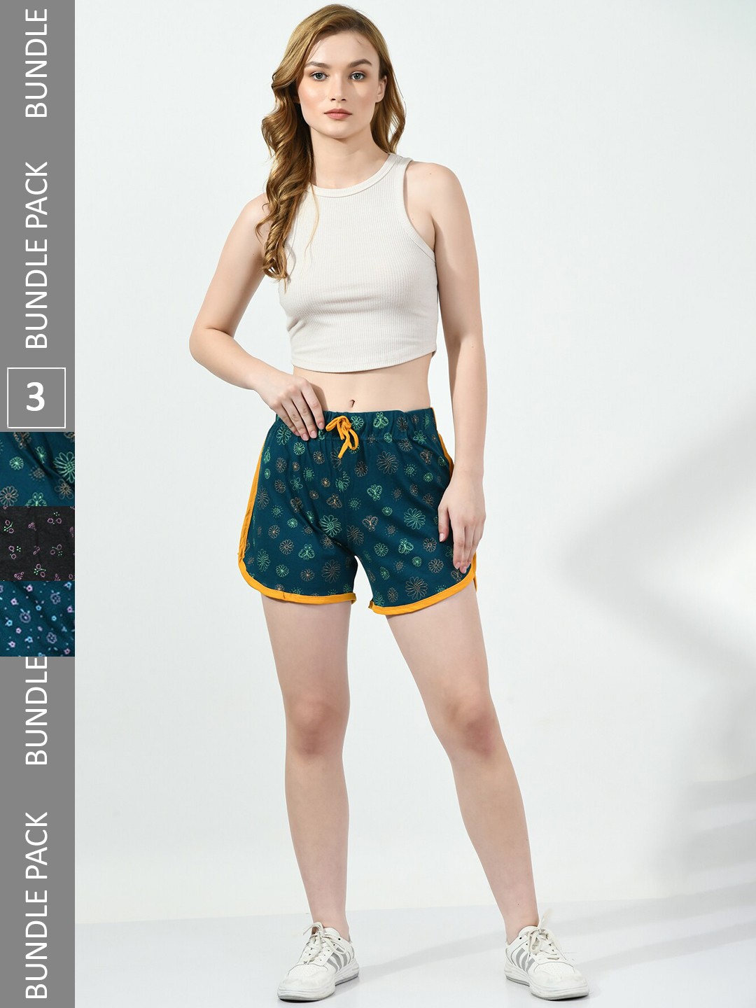 

BAESD Women Pack Of 3 Conversational Printed High-Rise Pure Cotton Shorts, Green