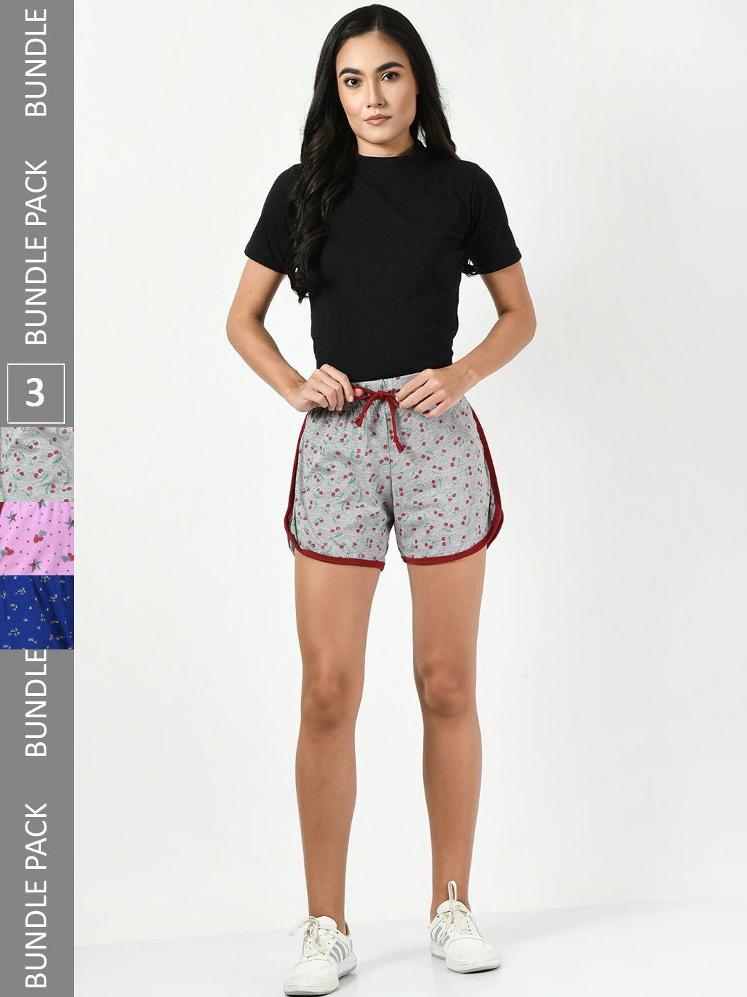 

BAESD Women Pack Of 3 Conversational Printed High-Rise Pure Cotton Shorts, Grey