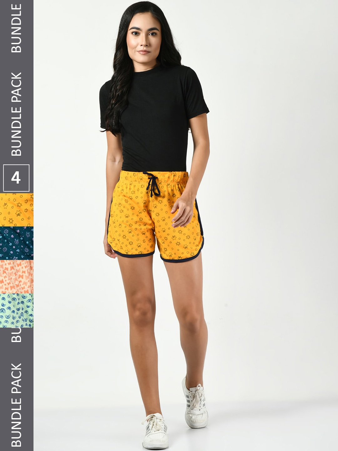

BAESD Women Pack Of 4 Conversational Printed Mid-Rise Pure Cotton Shorts, Yellow