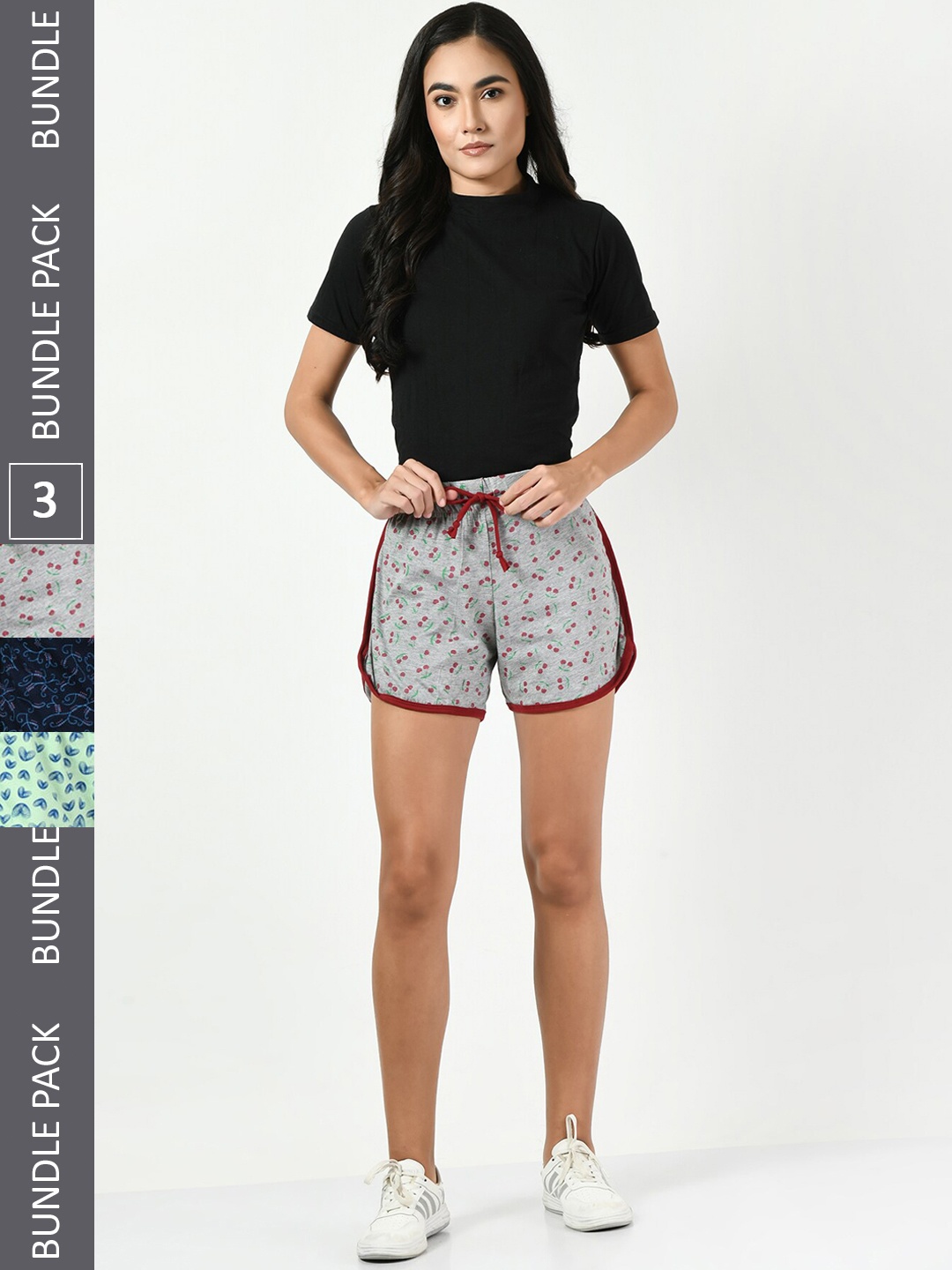 

BAESD Women Pack Of 3 Printed High-Rise Pure Cotton Regular Shorts, Grey