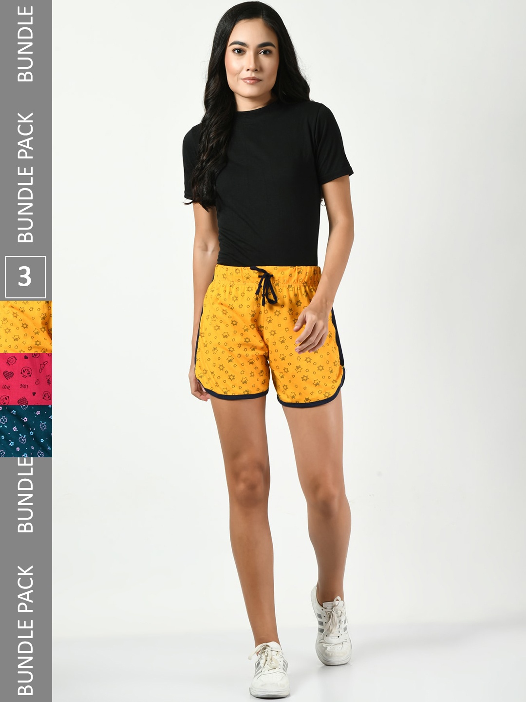 

BAESD Pack of 3 Printed High-Rise Pure Cotton Shorts, Yellow