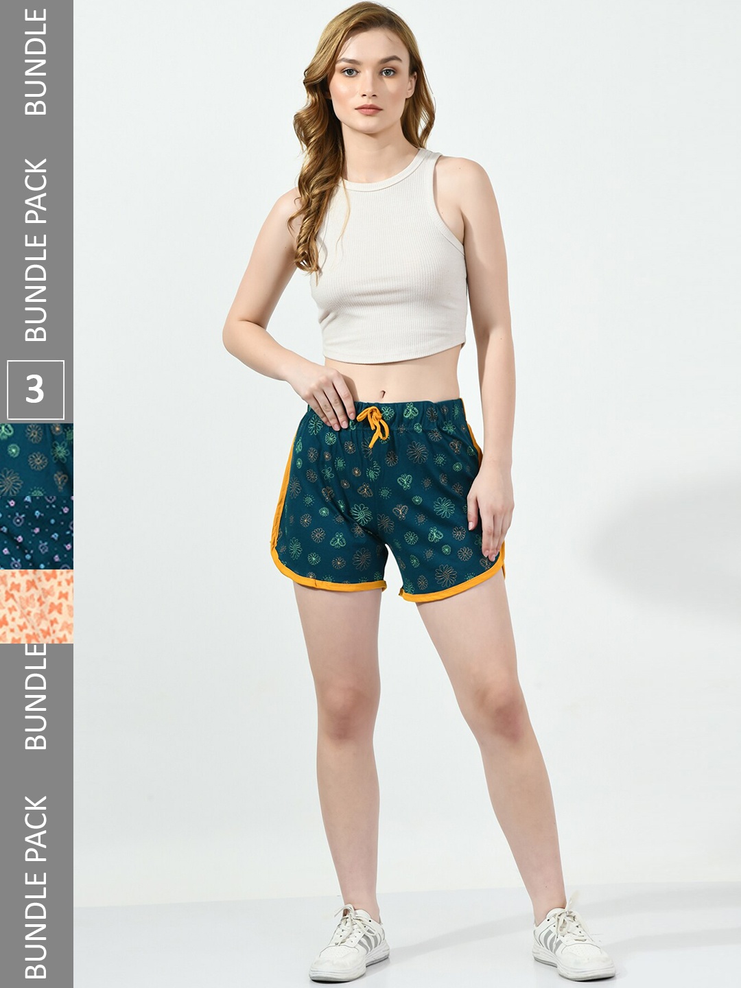 

BAESD Women Pack Of 3 Printed High-Rise Cotton Shorts, Green