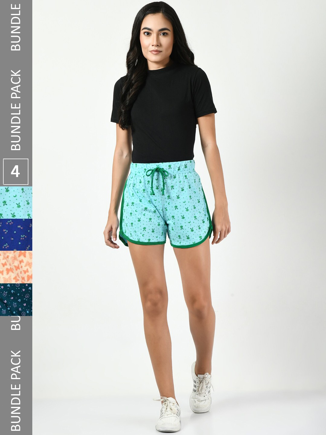 

BAESD Women Pack Of 4 Conversational Printed High-Rise Pure Cotton Shorts, Turquoise blue