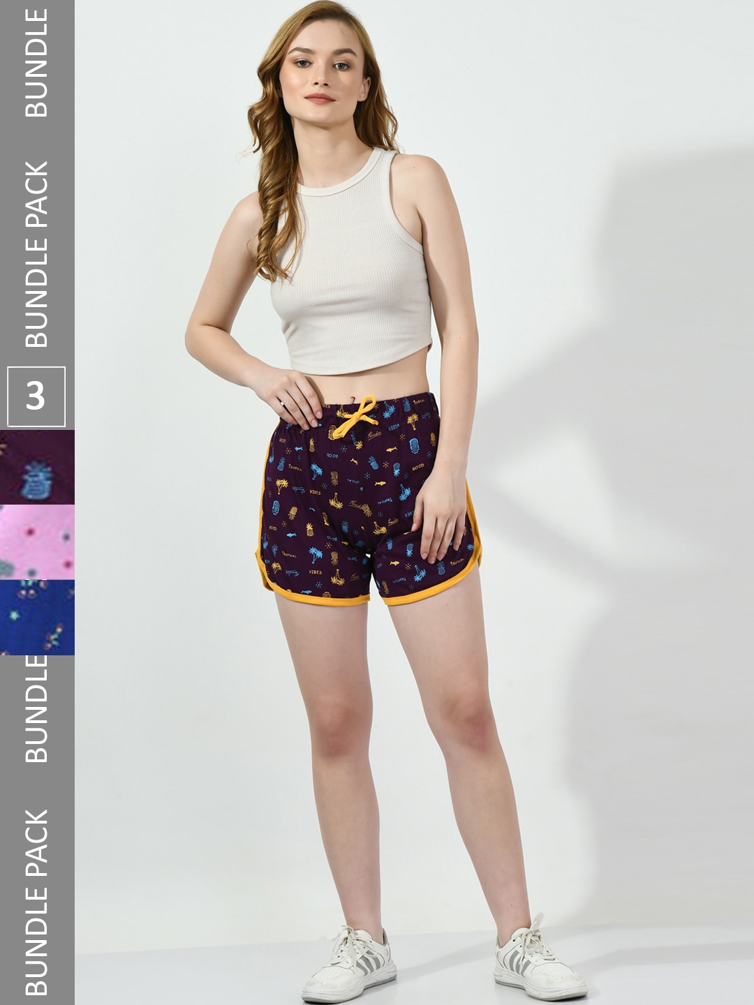 

BAESD Women Pack Of 3 Printed High-Rise Pure Cotton Shorts, Purple
