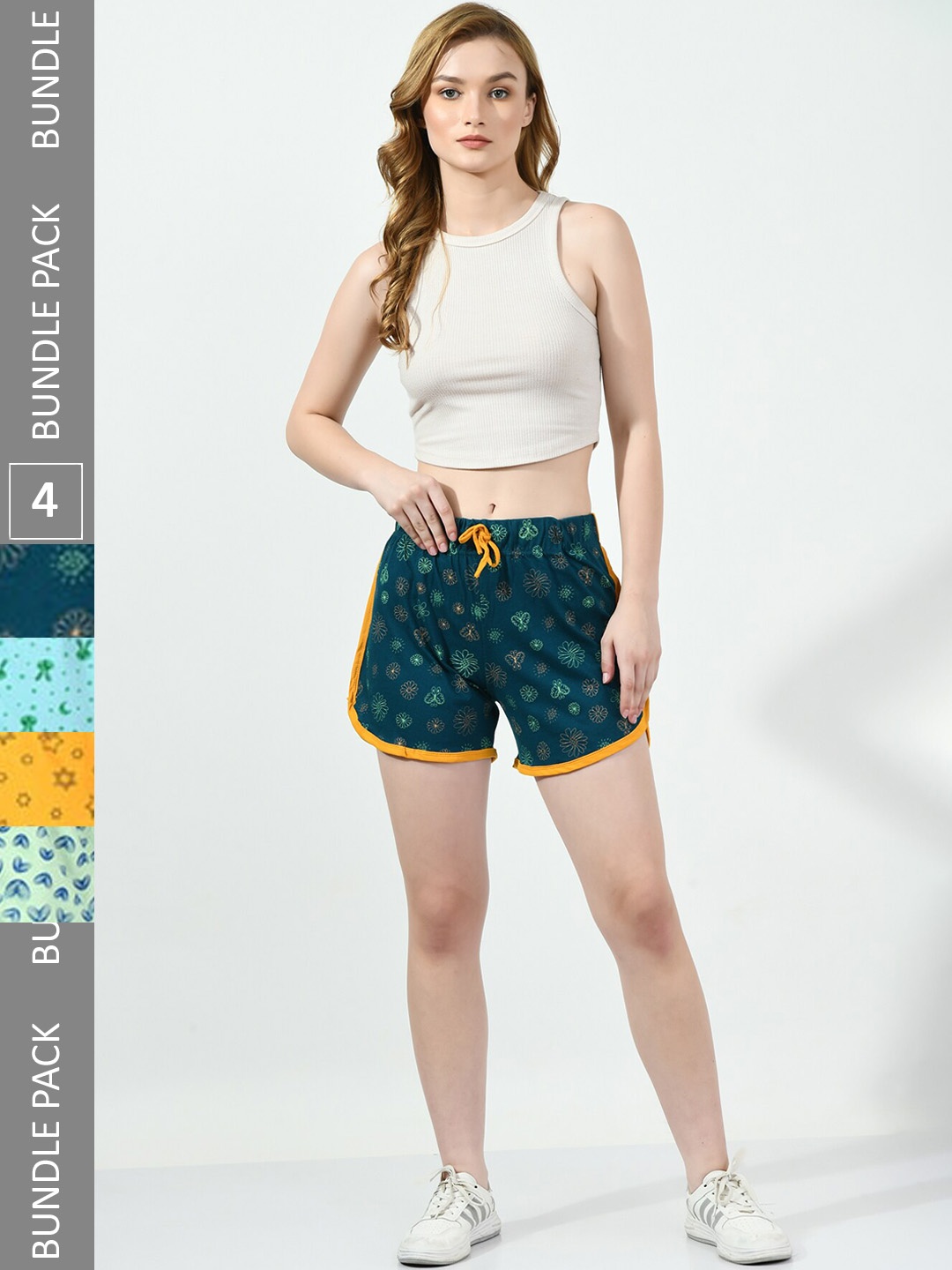 

BAESD Women Pack Of 4 Printed Pure Cotton Shorts, Teal