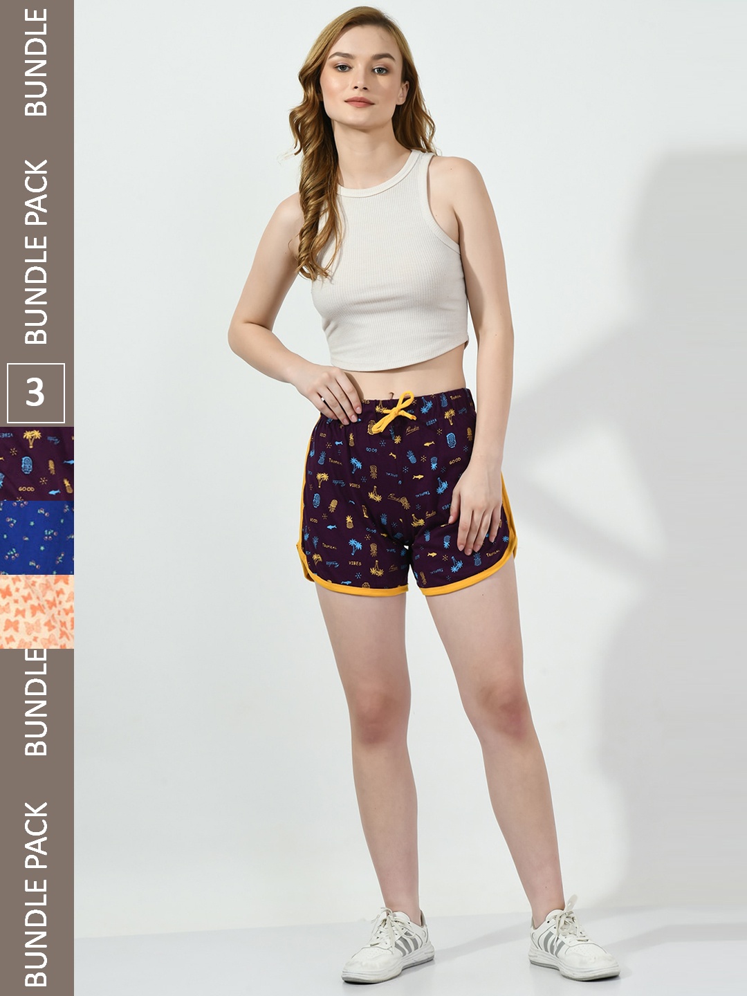 BAESD Women Pack of 3 Printed High-Rise Pure Cotton Shorts, Purple