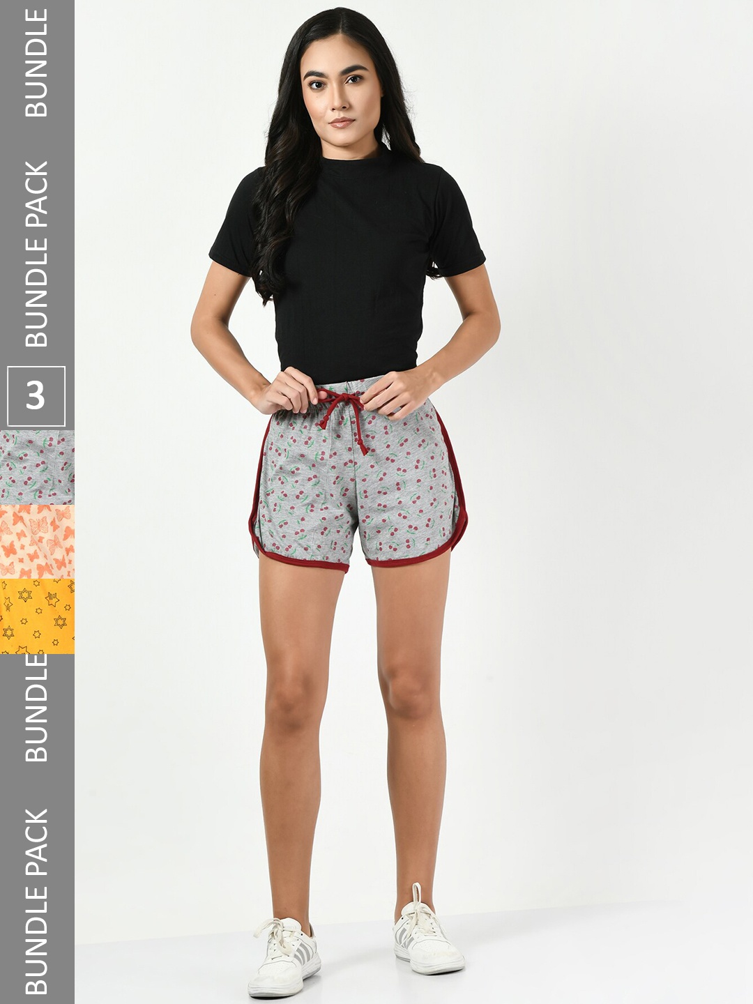 

BAESD Women Pack of 3 Conversational Printed High-Rise Pure Cotton Regular Shorts, Grey