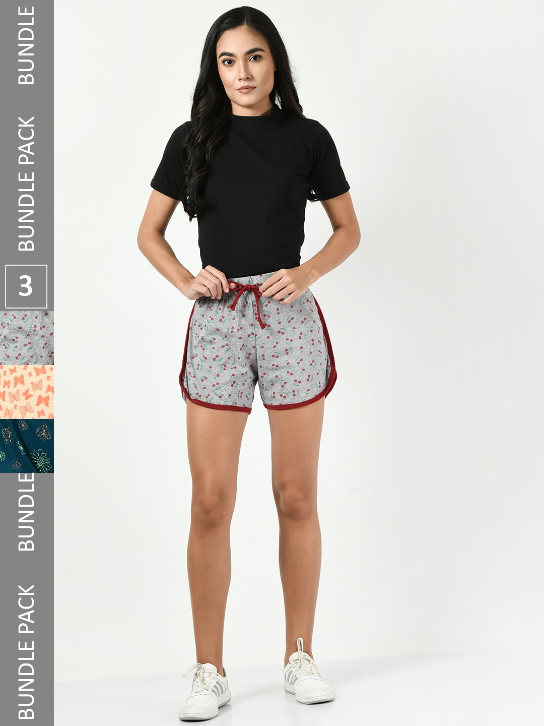 

BAESD Women Pack Of 3 Printed High-Rise Cotton Shorts, Grey