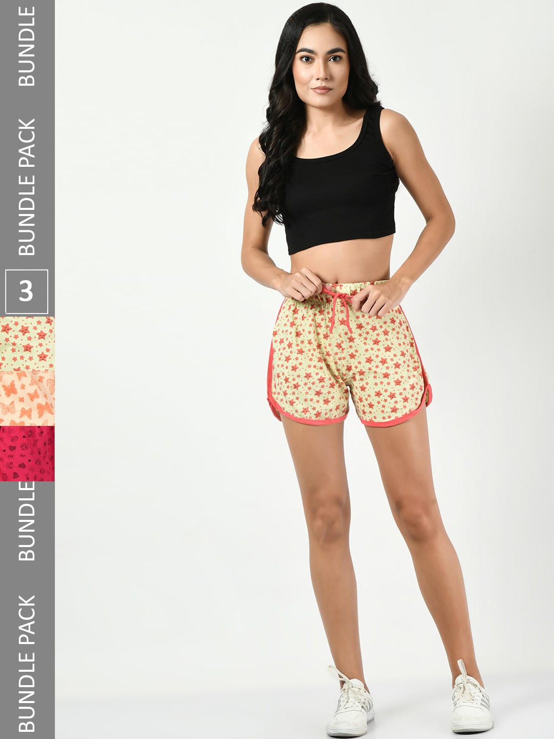 

BAESD Women Pack Of 3 Printed High-Rise Pure Cotton Regular Shorts, Yellow