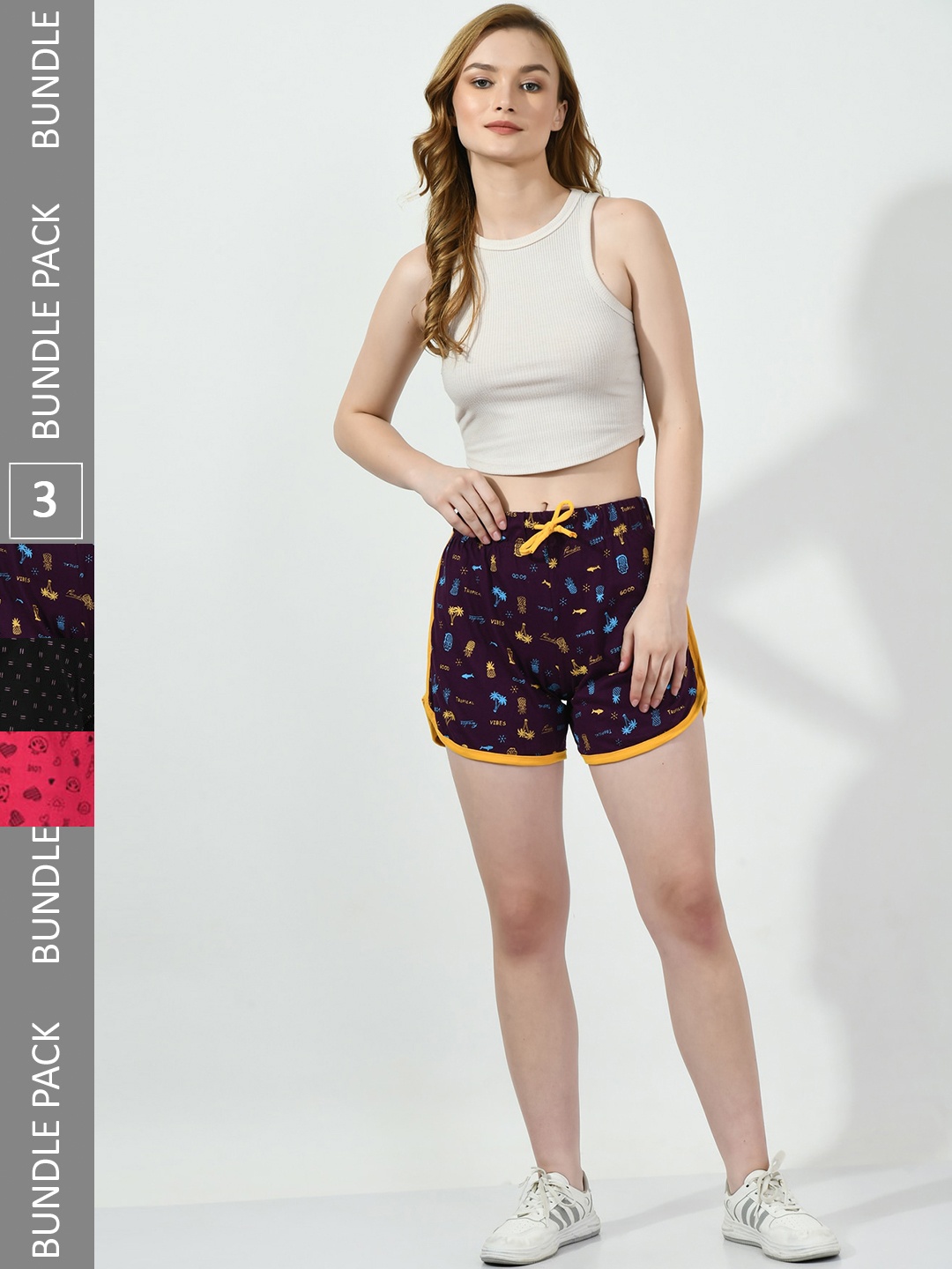 

BAESD Women Pack of 3 Conversational Printed High-Rise Pure Cotton Regular Shorts, Purple