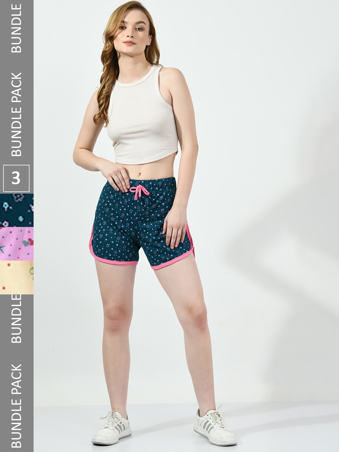 

BAESD Women Pack Of 3 Printed High-Rise Pure Cotton Regular Shorts, Teal