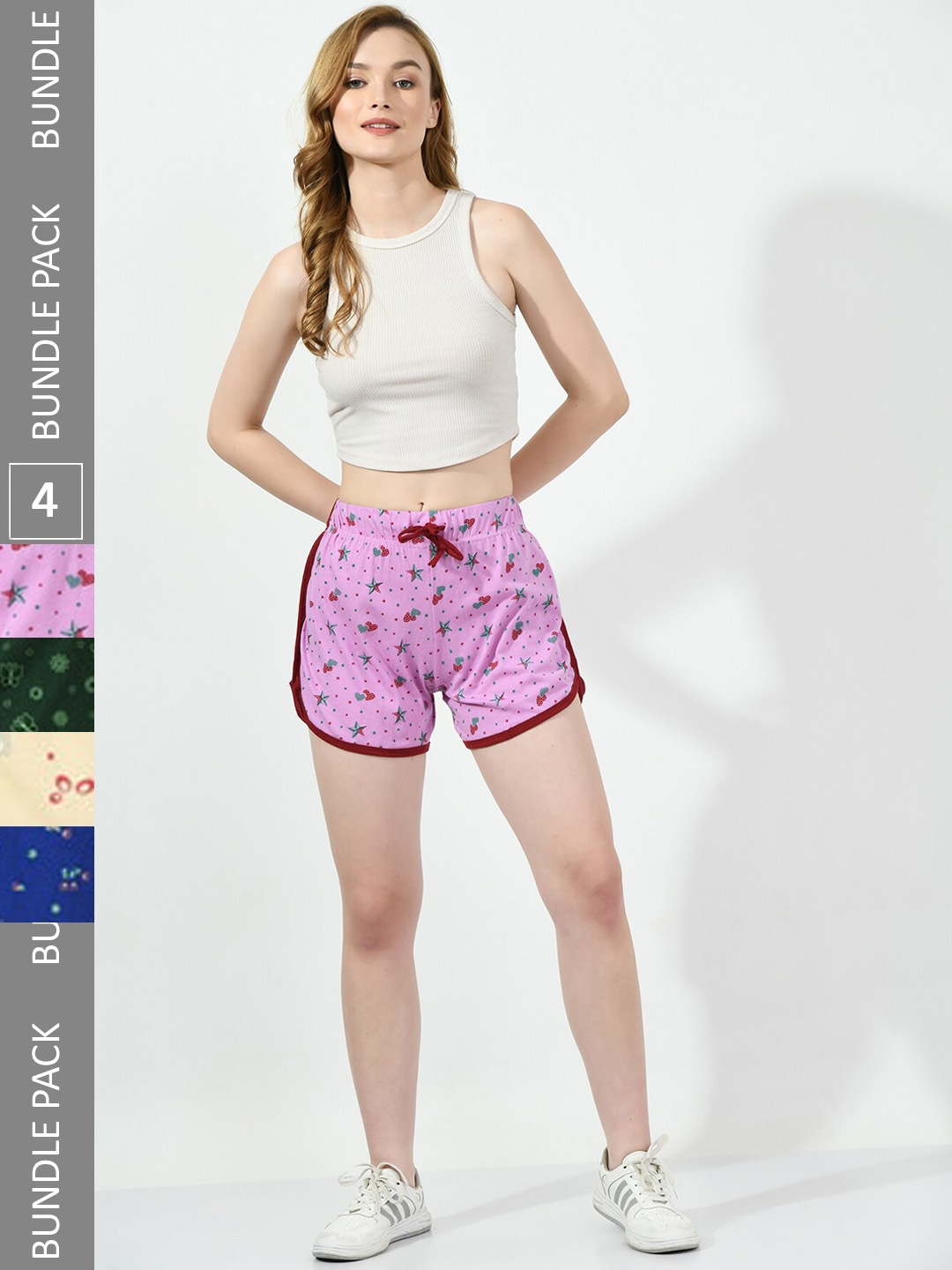 

BAESD Women Pack Of 4 Printed High-Rise Cotton Shorts, Purple