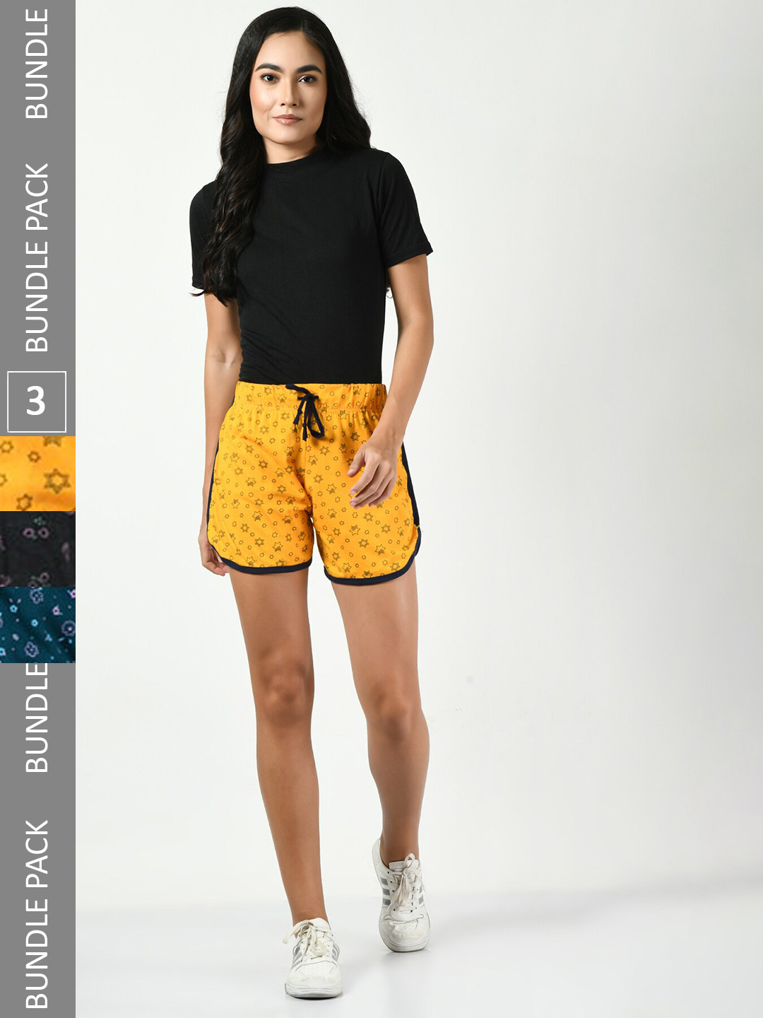 

BAESD Women Pack of 3 Conversational Printed High-Rise Pure Cotton Regular Shorts, Yellow