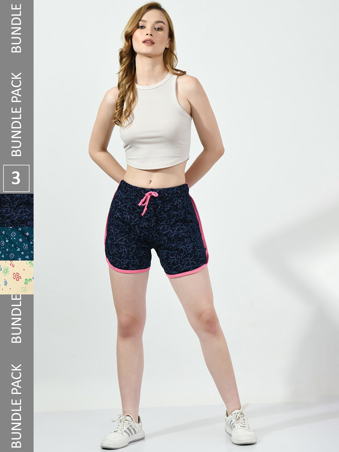 

BAESD Women Pack of 3 Conversational Printed High-Rise Pure Cotton Regular Shorts, Navy blue
