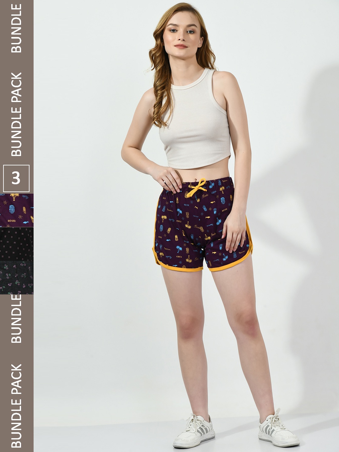 

BAESD Women Pack Of 3 Printed High-Rise Cotton Shorts, Purple