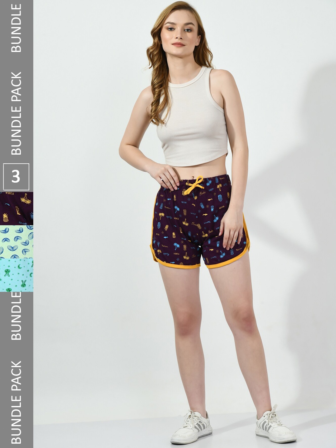 

BAESD Women Pack Of 3 Printed High-Rise Pure Cotton Shorts, Purple