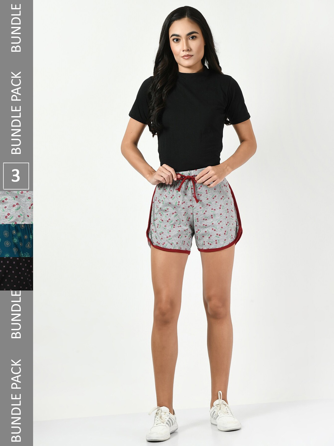 

BAESD Women Pack Of 3 Printed Pure Cotton Hotpant Shorts, Grey