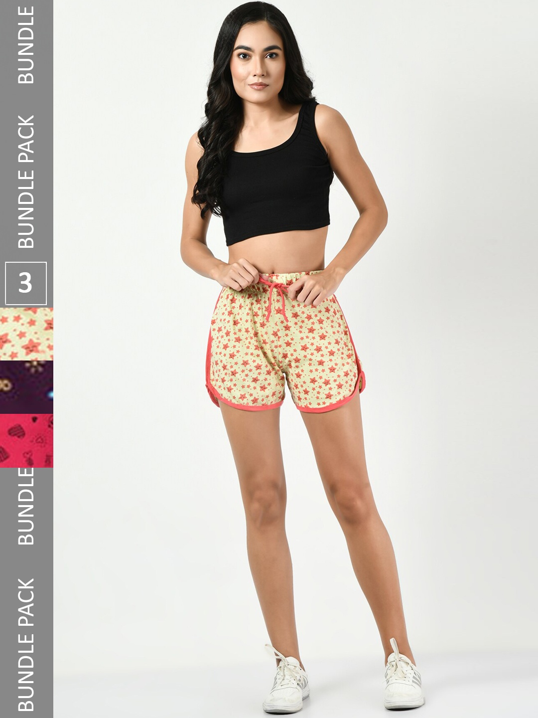 

BAESD Women Pack Of 3 Printed High-Rise Pure Cotton Regular Shorts, Yellow
