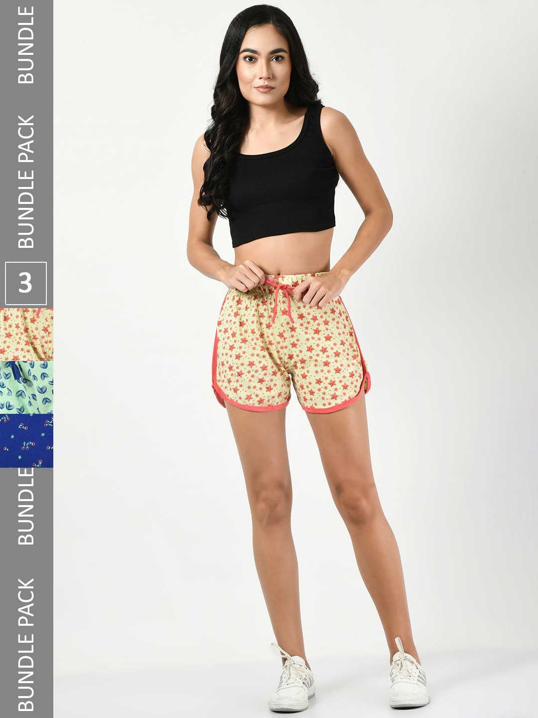 

BAESD Women Pack Of 3 Printed High-Rise Pure Cotton Regular Shorts, Yellow
