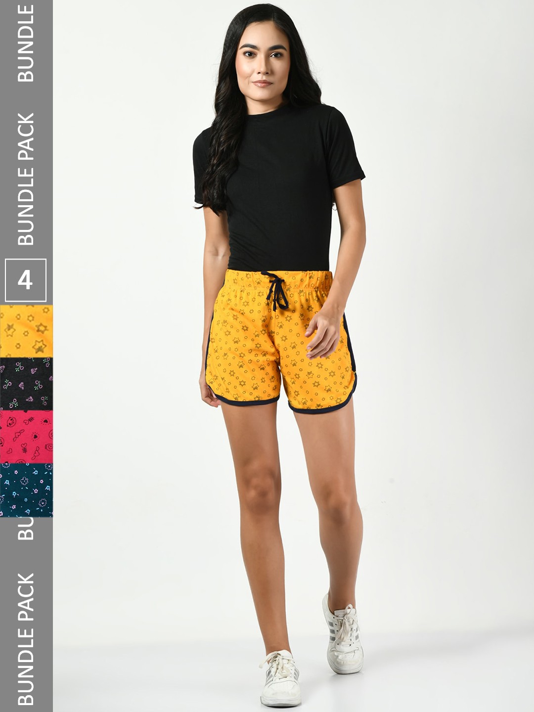 

BAESD Women Pack of 4 Conversational Printed Pure Cotton Hot Pants Shorts, Yellow