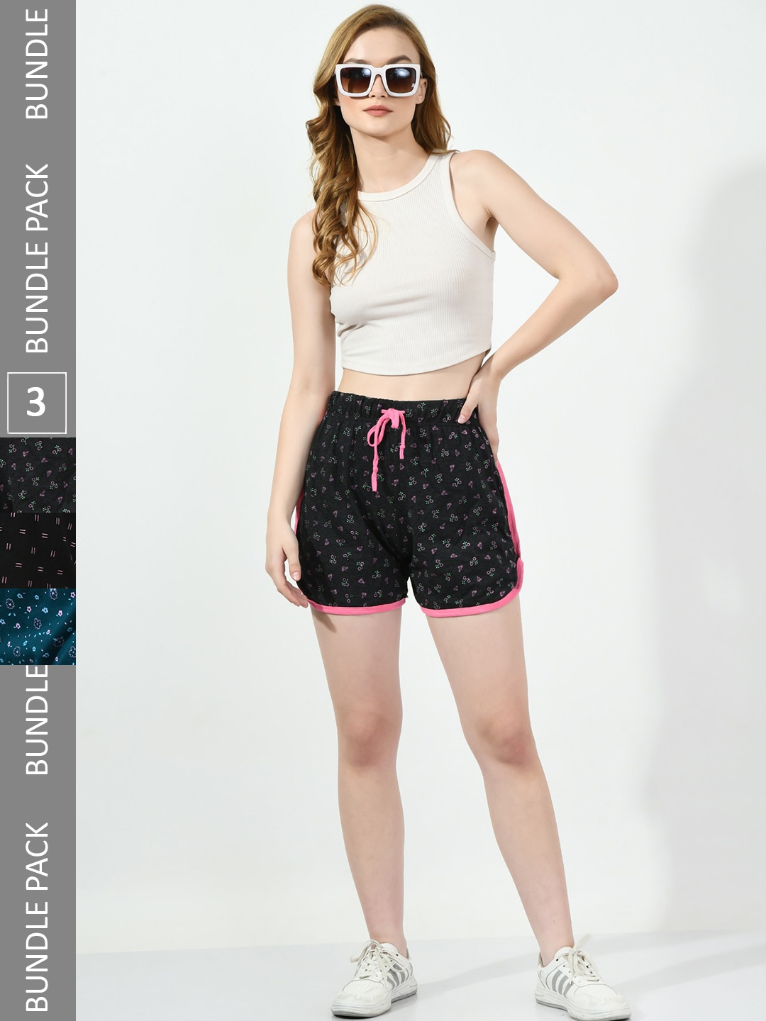 

BAESD Women Pack Of 3 Floral Printed Mid-Rise Pure Cotton Shorts, Black