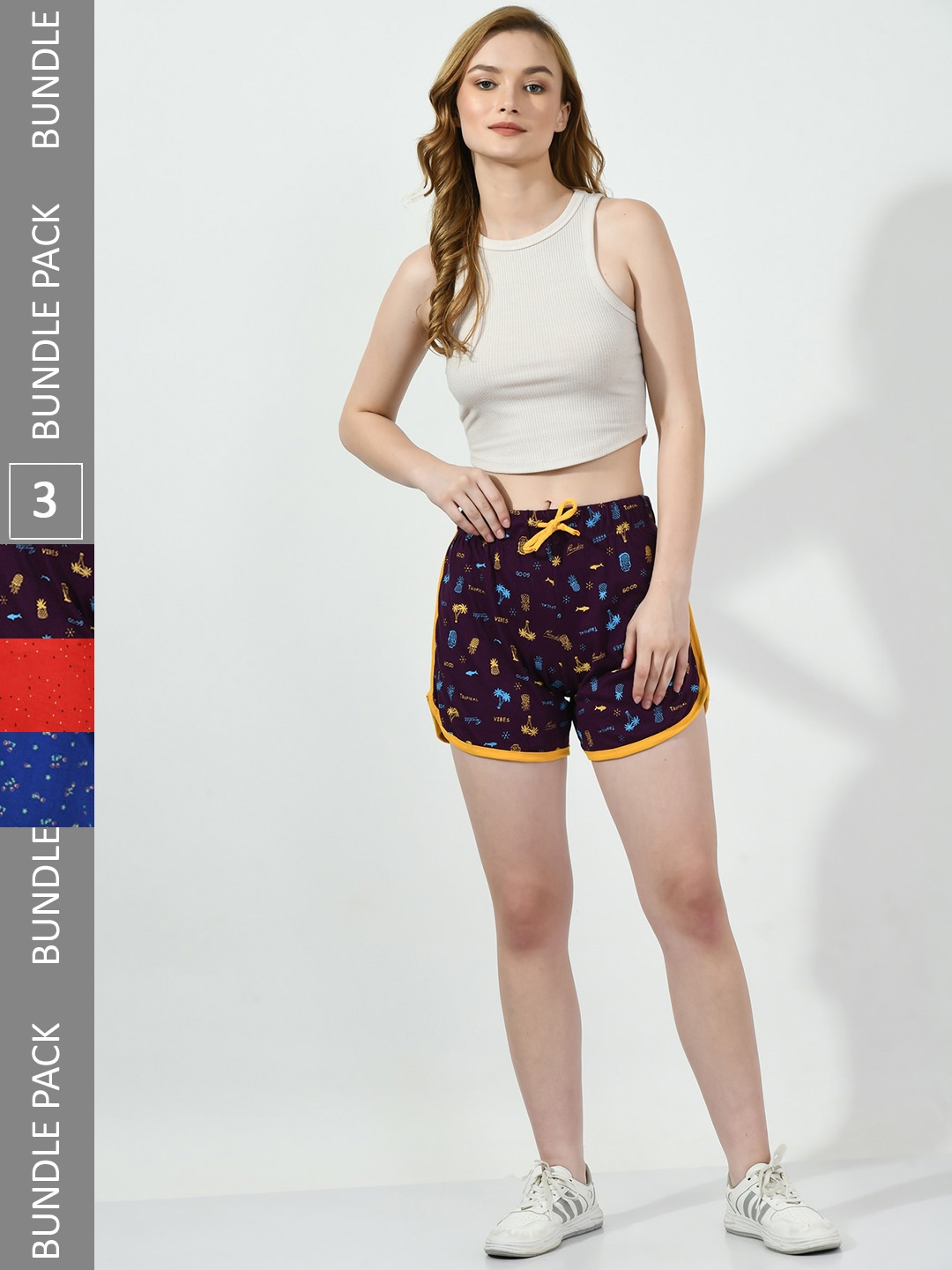 

BAESD Women Pack Of 3 Conversational Printed Mid-Rise Pure Cotton Shorts, Purple