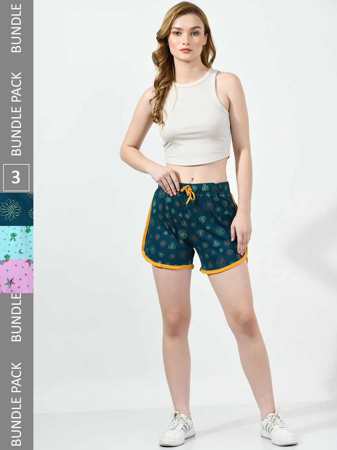 

BAESD Women Pack Of 3 Conversational Printed High-Rise Pure Cotton Shorts, Green