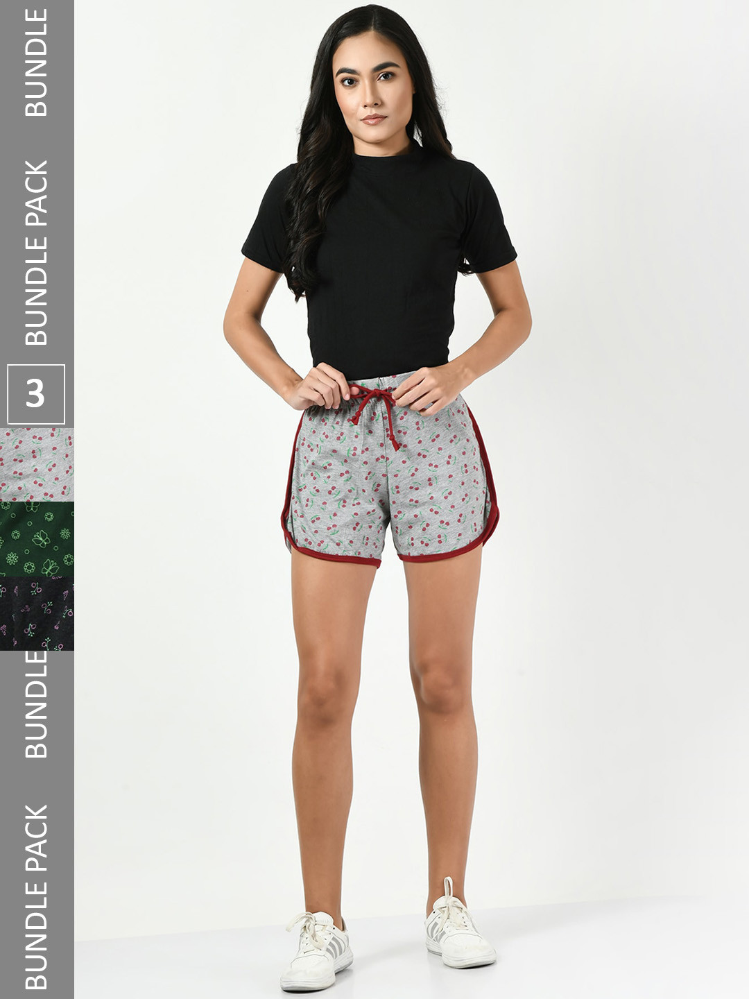 

BAESD Women Pack Of 3 Conversational Printed High-Rise Pure Cotton Shorts, Grey