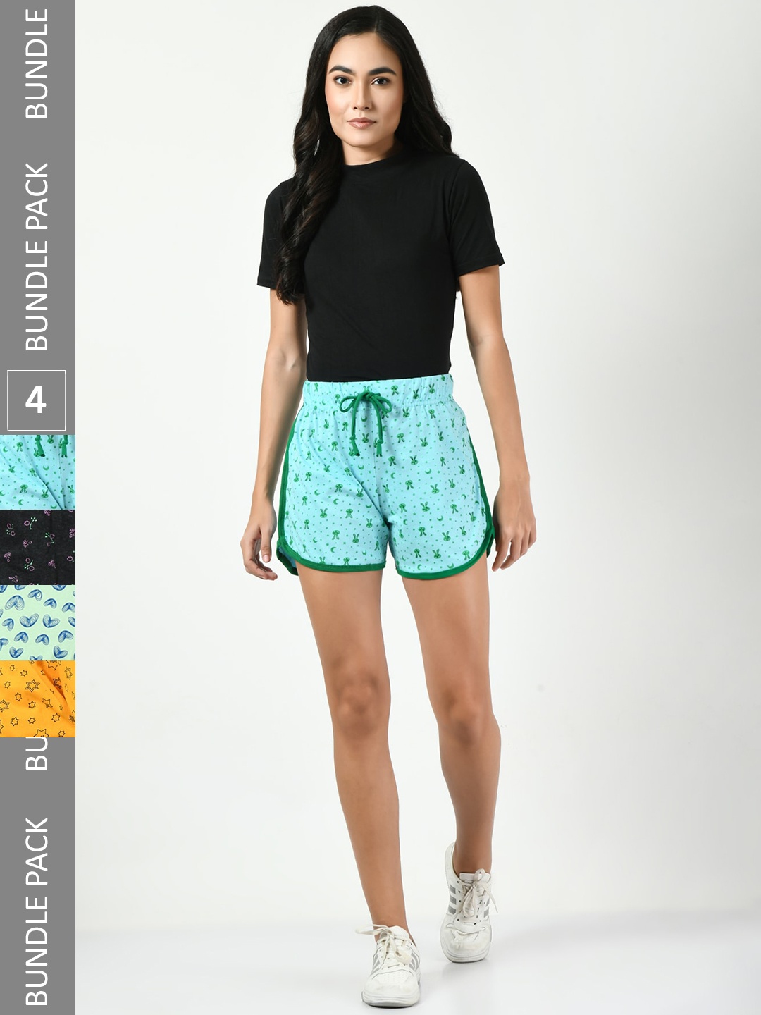 

BAESD Women Pack Of 4 High-Rise Printed Pure Cotton Hotpant Shorts, Blue