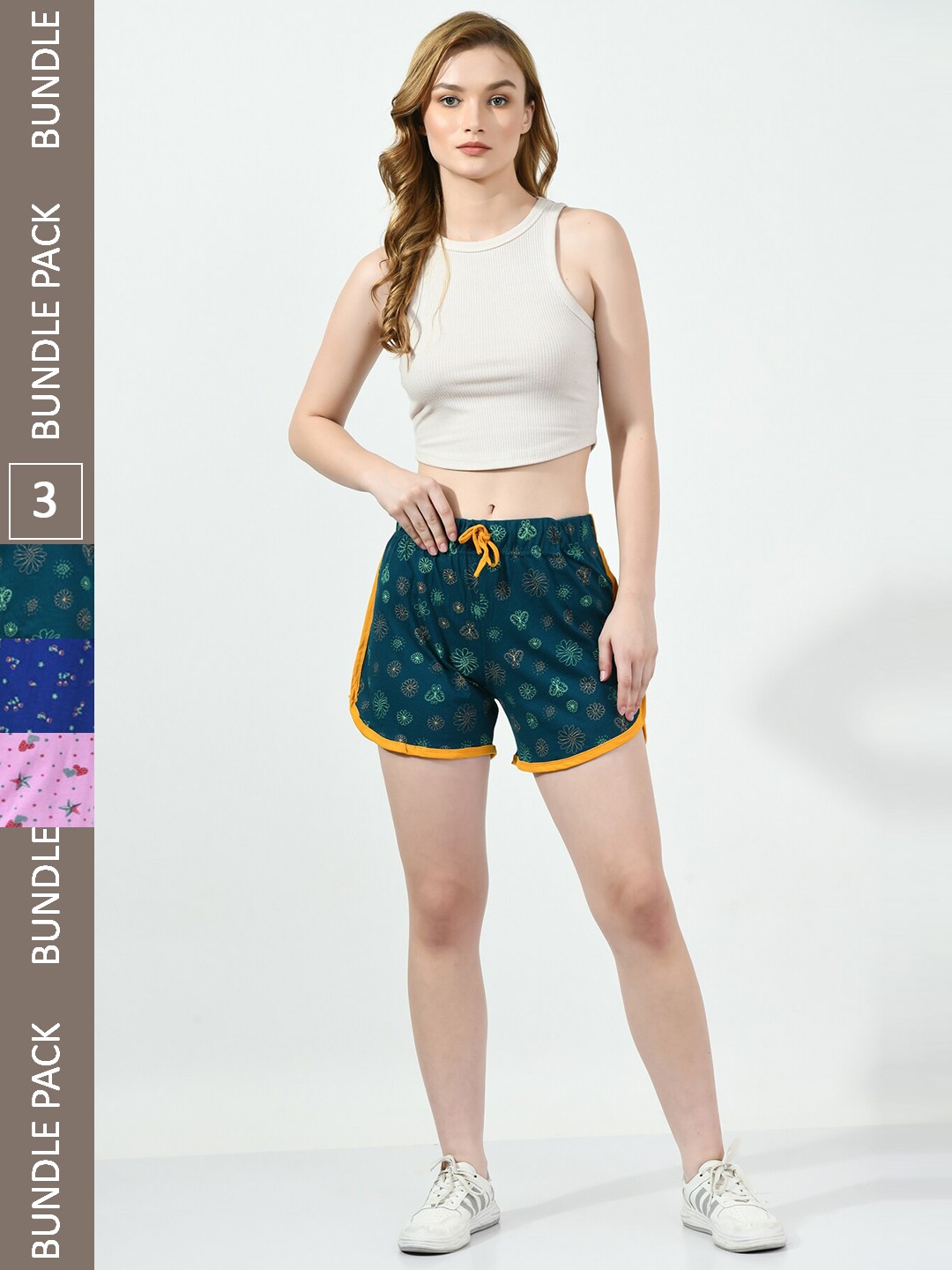 

BAESD Women Pack Of 3 Printed Pure Cotton Hotpant Shorts, Green