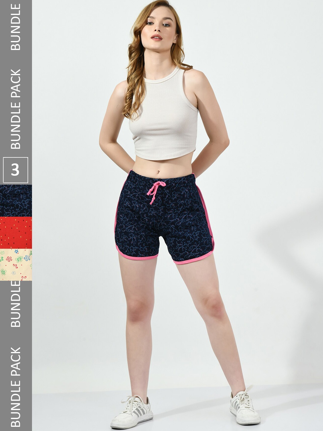 

BAESD Women Pack Of 3 Printed High-Rise Pure Cotton Regular Shorts, Navy blue