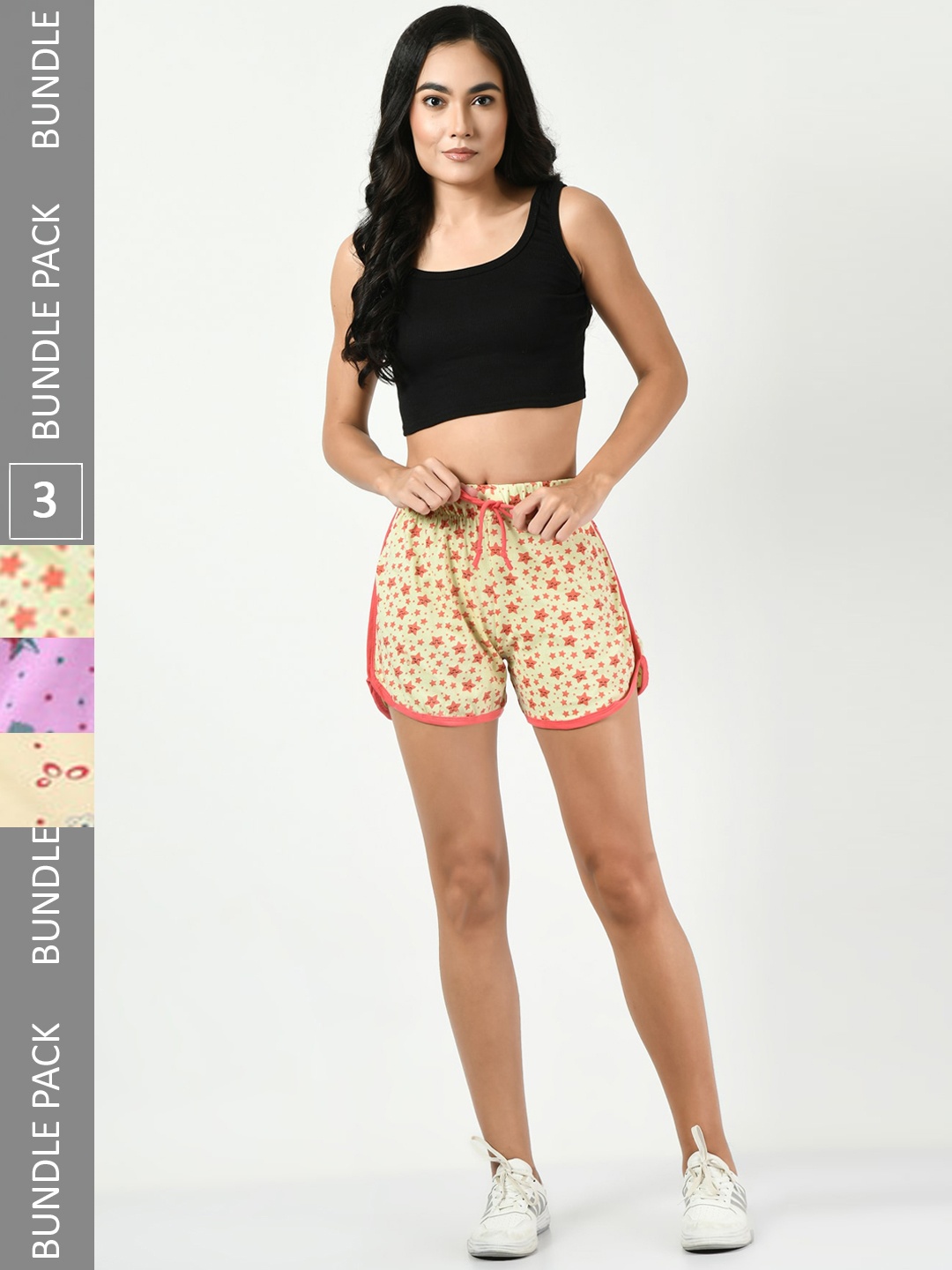 

BAESD Women Pack Of 3 Printed High-Rise Pure Cotton Regular Shorts, Yellow