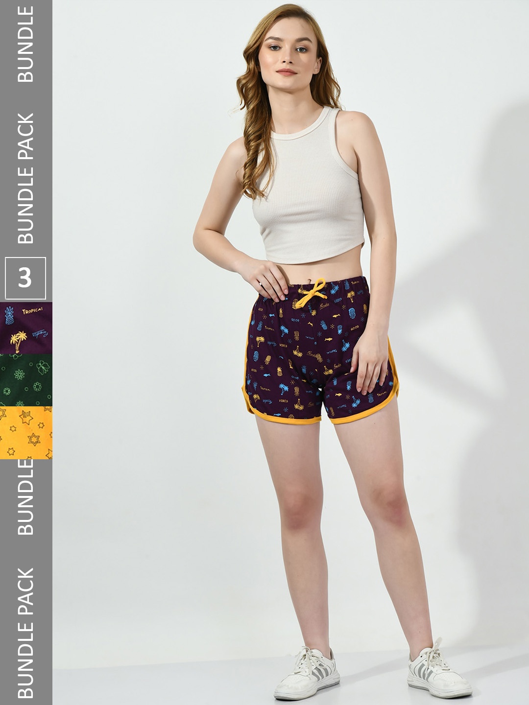 

BAESD Women Pack Of 3 Printed High-Rise Pure Cotton Regular Shorts, Purple