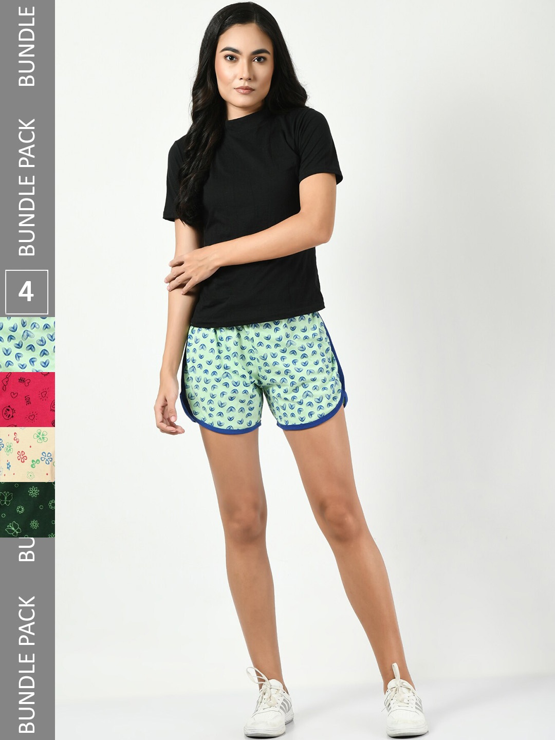 

BAESD Women Pack Of 4 High-Rise Floral Printed Pure Cotton Shorts, Sea green