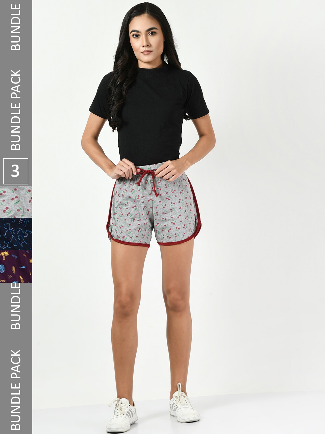 

BAESD Women Pack Of 3 High-Rise Floral Printed Pure Cotton Shorts, Grey
