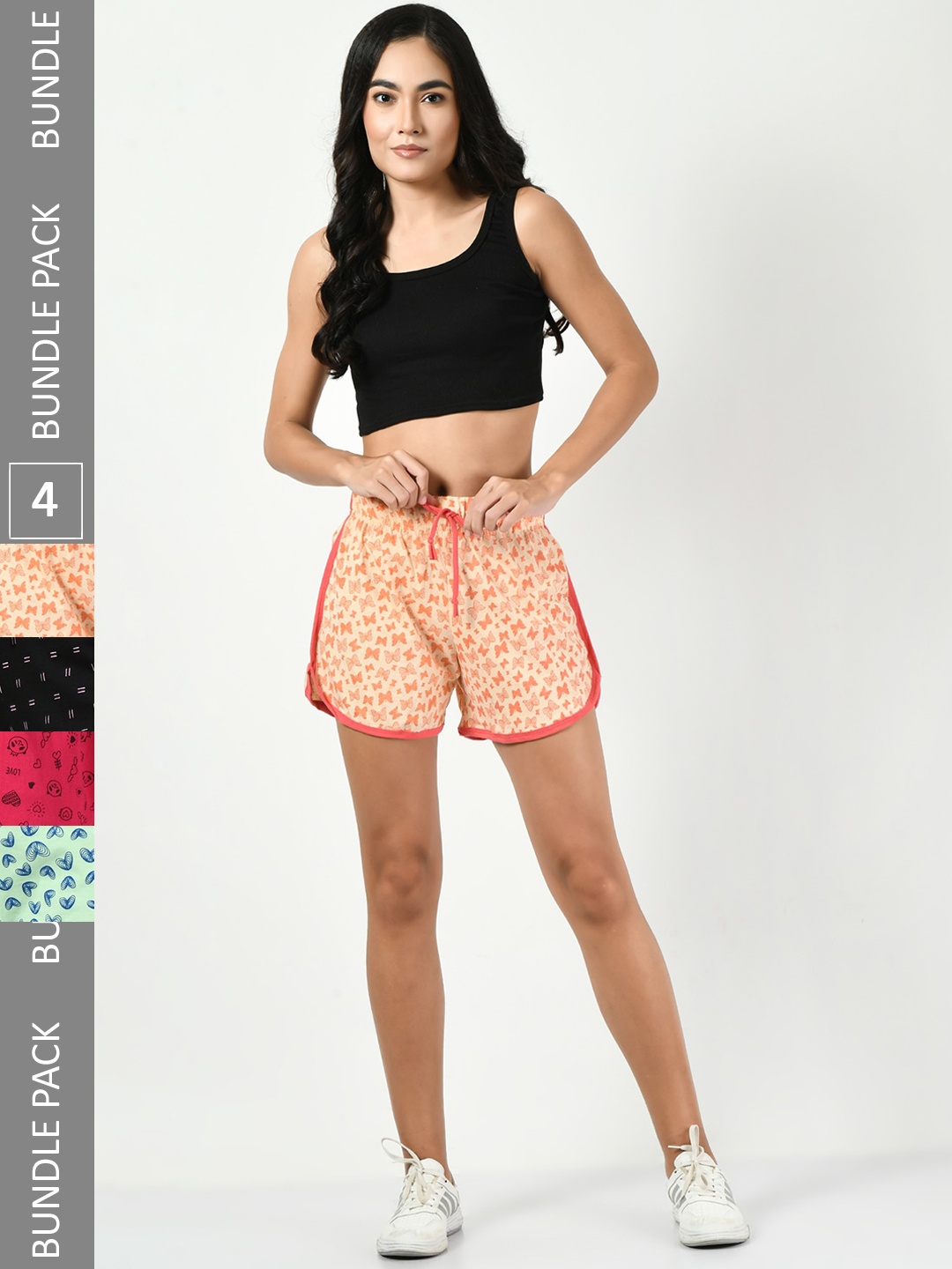 

BAESD Women Pack Of 4 High-Rise Floral Printed Pure Cotton Shorts, Peach