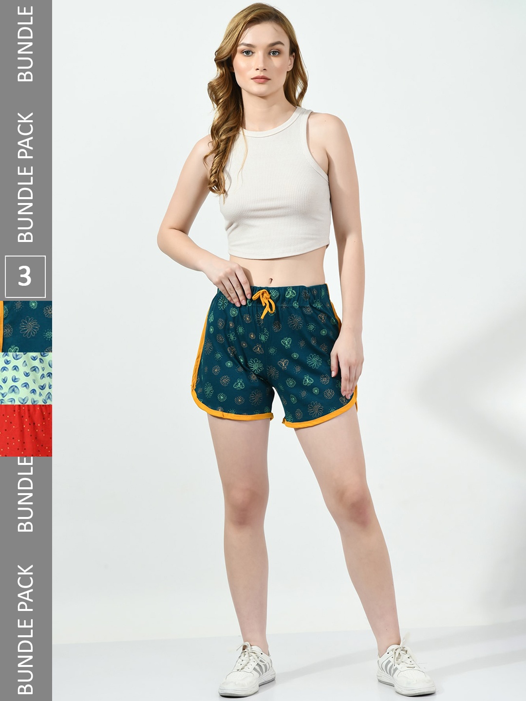 

BAESD Women Pack Of 3 Floral Printed Mid-Rise Pure Cotton Shorts, Teal