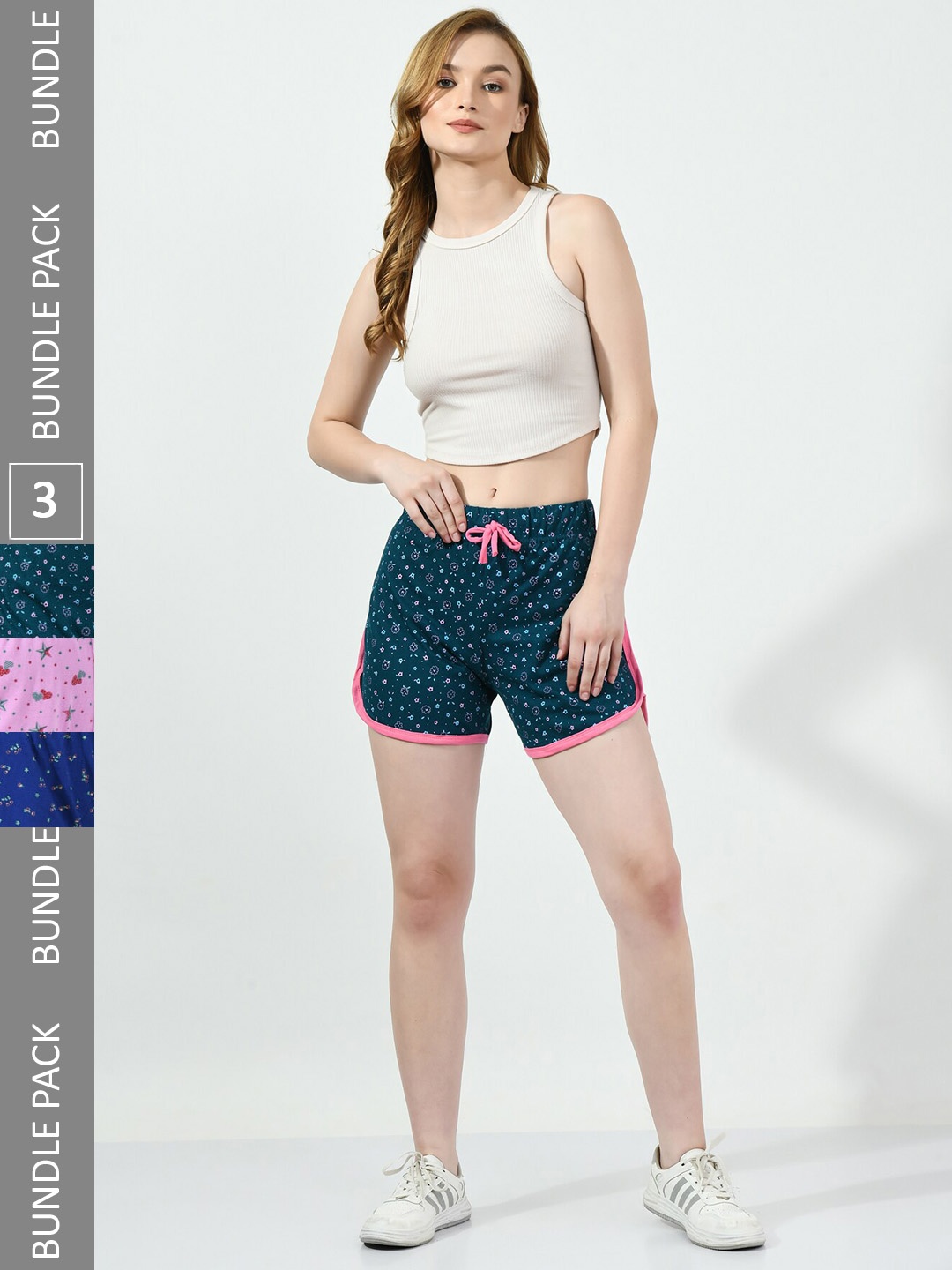 

BAESD Women Pack Of 3 Printed Pure Cotton High-Rise Regular Shorts, Teal