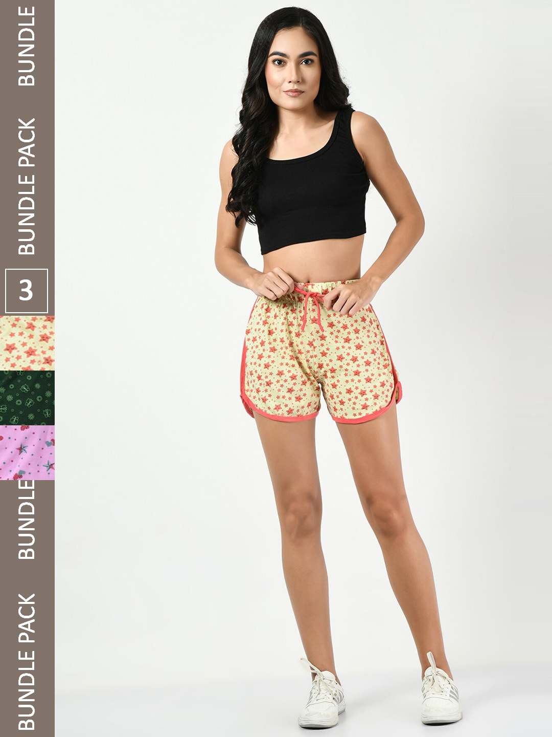 

BAESD Women Pack Of 3 Printed Pure Cotton Hot Pants Shorts, Beige