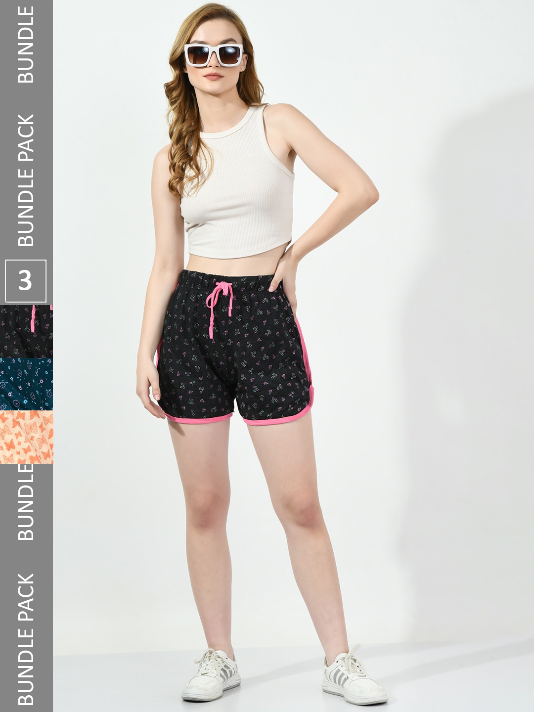 

BAESD Women Pack Of 3 Printed Pure Cotton High-Rise Hot Shorts, Black