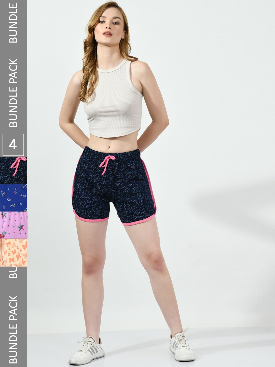 

BAESD Women Pack Of 4 Printed Pure Cotton Hot Pants Shorts, Navy blue