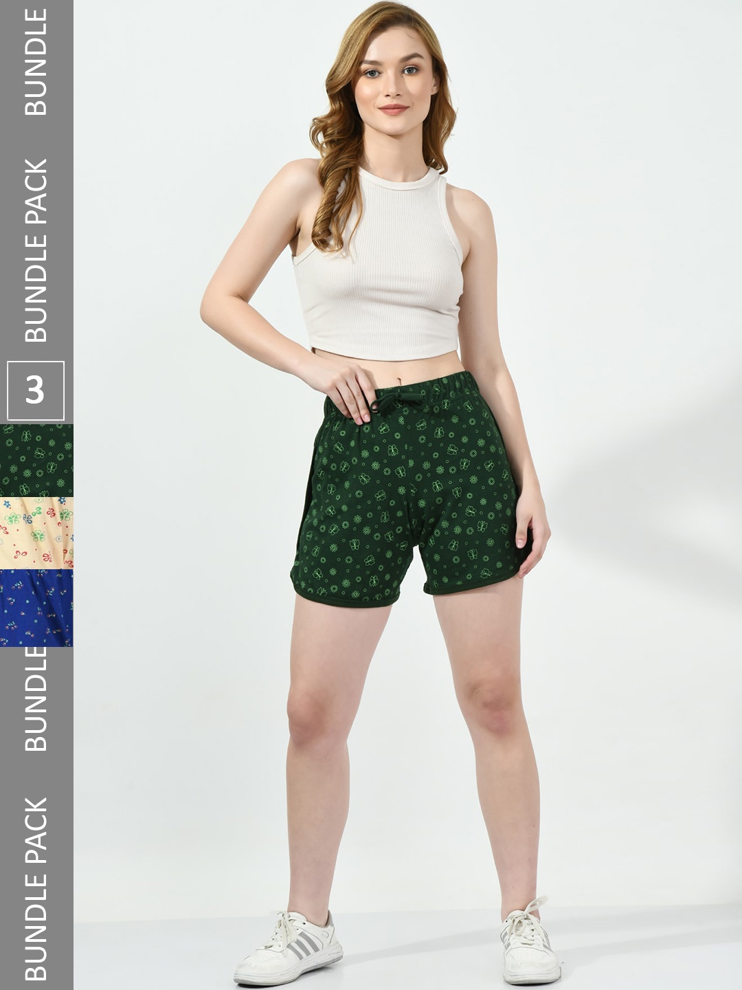

BAESD Women Pack Of 3 Printed Pure Cotton Hot Pants Shorts, Green